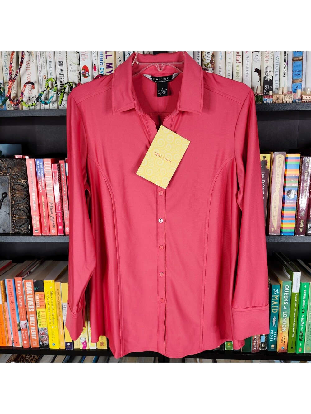 NEW Dialogue Coral Pink Button Front Stretch Blouse Career Office Shirt Small